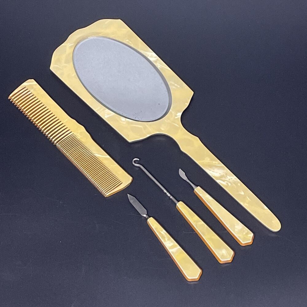 1930-40's Art‎ Deco 5 pc Vanity Set Marbled Celluloid Mirror Comb Grooming Tools